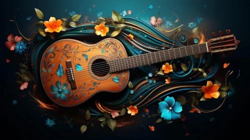 Wooden Guitar with Colorful Flowers - Still Life Composition