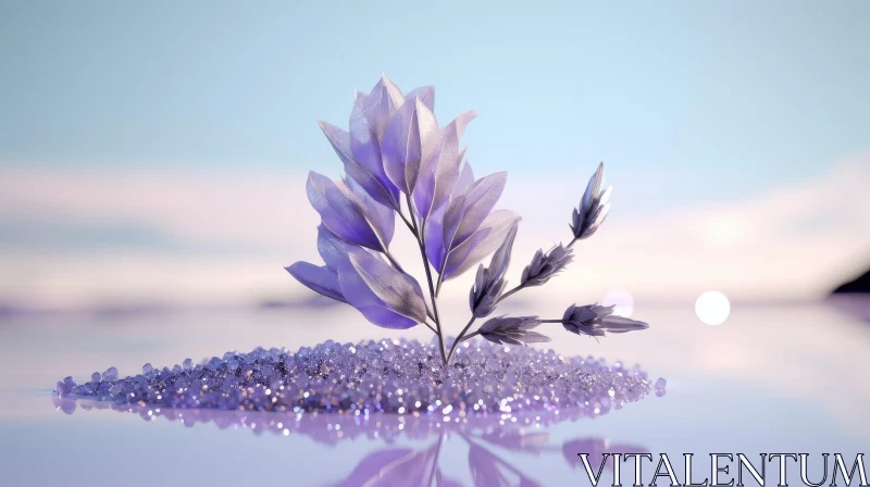 3D Purple Flower with Glossy Leaves and Crystals AI Image