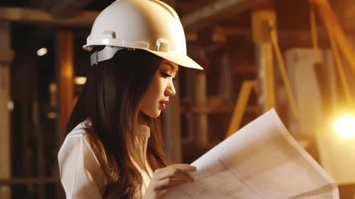 Female Construction Worker Blueprint Examination