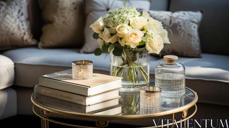 Luxurious Living Room Decor with White Roses AI Image