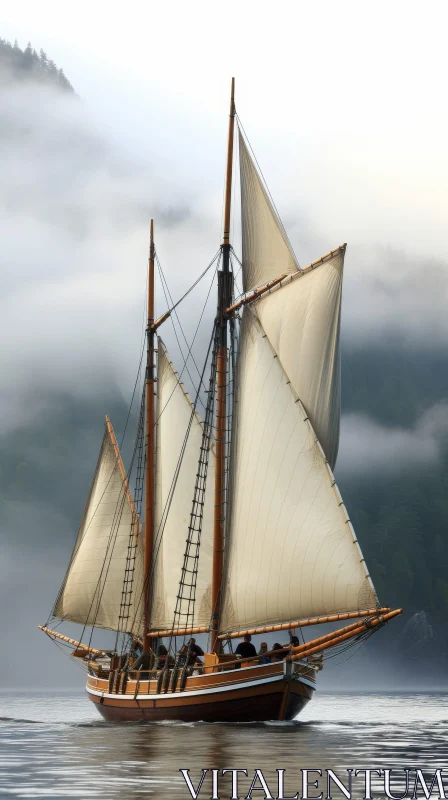 AI ART Serene Wooden Sailboat Sailing on Blue Waters