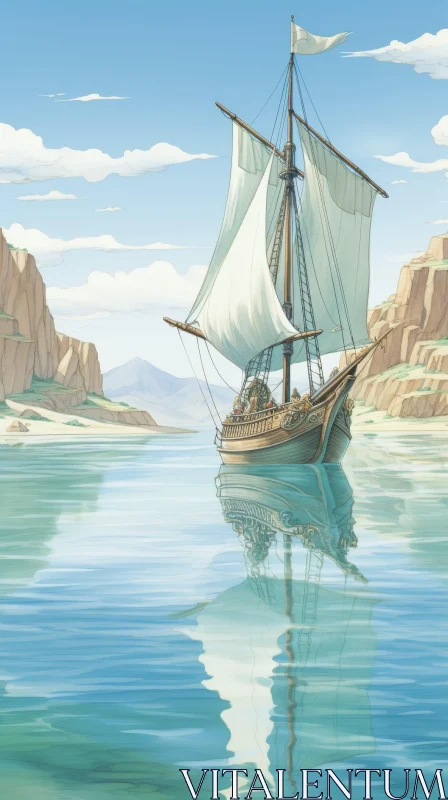 Ship Sailing on Calm Sea - Digital Painting AI Image