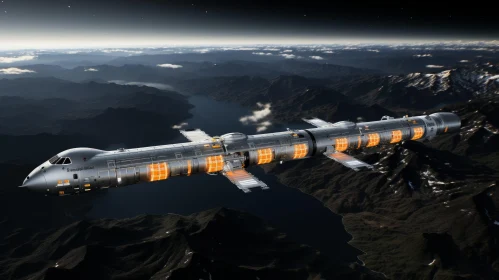 Spaceship Flying Over Mountainous Landscape