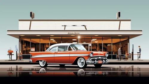 Vintage American Car Parked Outside Diner