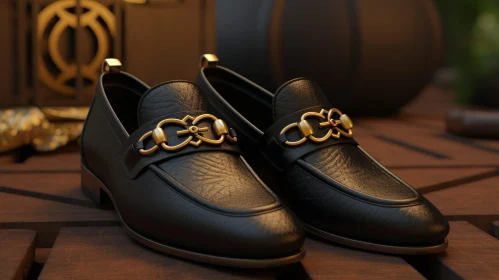 Chic Black Leather Shoes with Gold Buckles on Wooden Surface