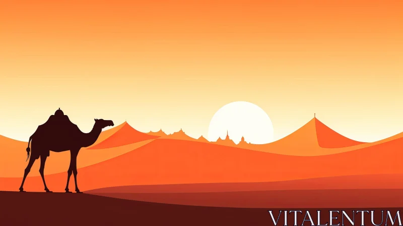 Desert Landscape Vector Illustration with Camel and Sunset AI Image