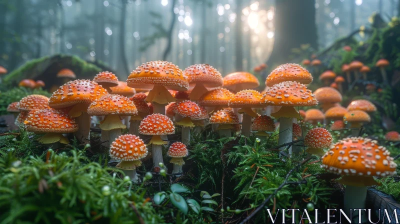 Enchanting Mushroom Cluster in Green Forest AI Image