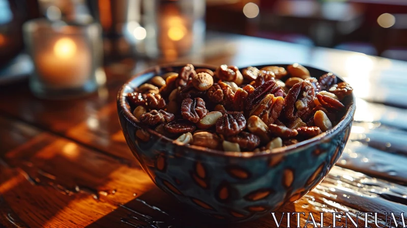 Mixed Nuts on Wooden Table - Close-Up Image AI Image