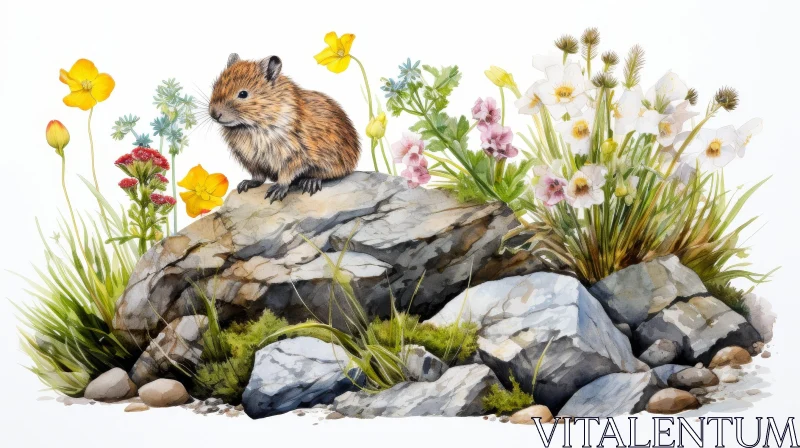 Pika Watercolor Painting with Flowers AI Image
