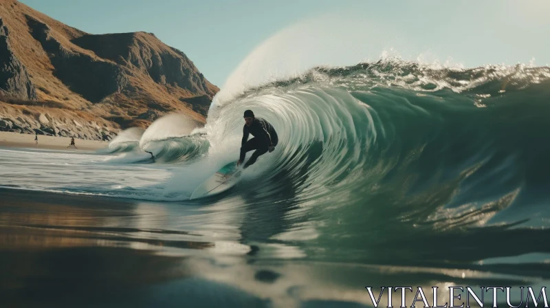 Surfer Riding Wave: Epic Beach Adventure AI Image