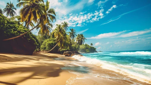 Tranquil Beach Scene with Palm Trees and Blue Water