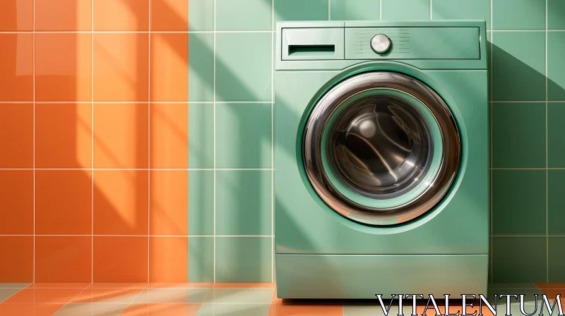 AI ART Vintage Mint Green Washing Machine in Retro Laundry Room