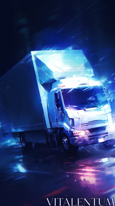 White and Blue Truck Driving on Dark Road - Digital Painting AI Image