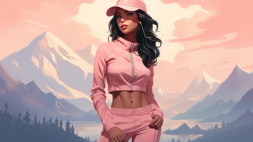 Young Woman in Pink Tracksuit Against Mountain Landscape