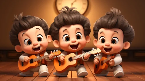 Adorable Cartoon Boys Playing Guitars Smiling