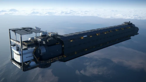 Black Spaceship in Space with Solar Panels and Clouds