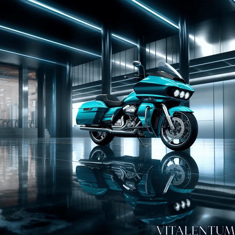 Blue Motorcycle Parked at Night in a Garage | Dark Aquamarine and Silver AI Image
