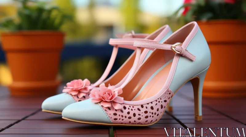 Chic Pink and Blue Floral High Heel Shoes on Wooden Table AI Image