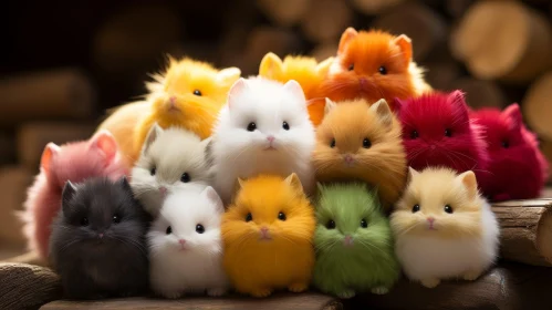 Colorful Fluffy Creatures on Dark Wood Table