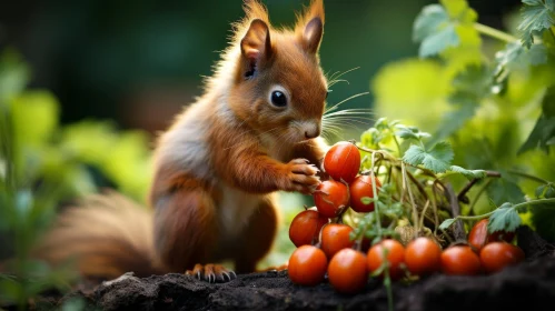 Curious Red Squirrel Eating Tomatoes on Tree Branch