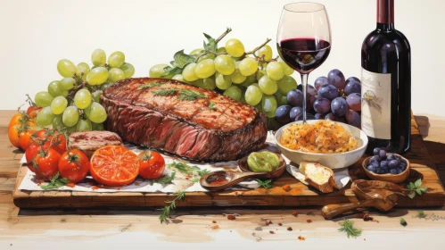Delicious Still Life: Steak, Wine, Grapes