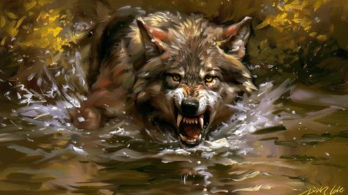 Ferocious Wolf Running Through River