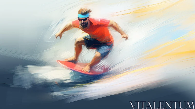 AI ART Man Surfing Painting - Red Shirt, Blue Shorts - Realistic Style