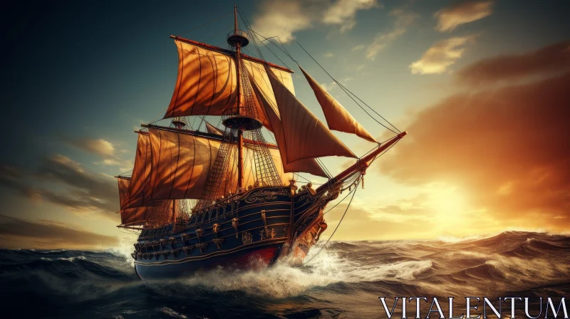 AI ART Pirate Ship Sailing on Rough Sea - Digital Painting