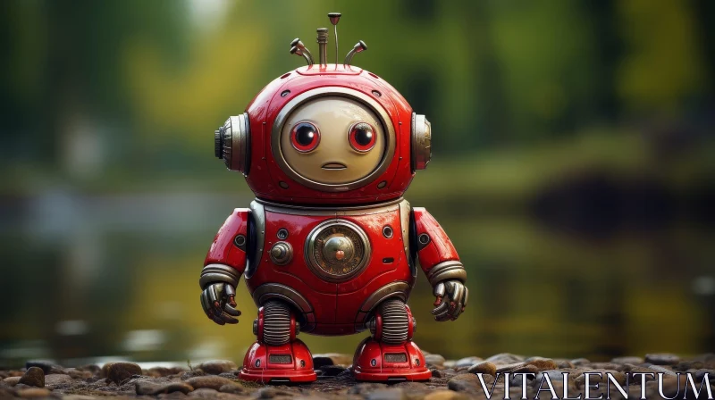 AI ART Red Robot in Forest - Stock Photo