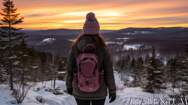 Snowy Mountain Sunset with Woman in Purple Beanie AI Image