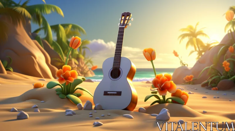 AI ART Tranquil Beach Scene with Guitar at Sunset