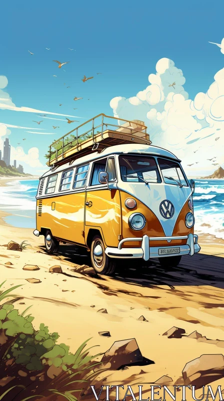 Yellow and White Volkswagen Type 2 Bus on Beach AI Image