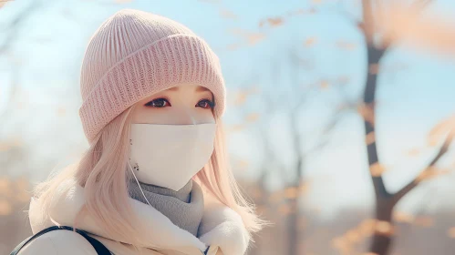 Young Woman in White N95 Mask and Pink Beanie