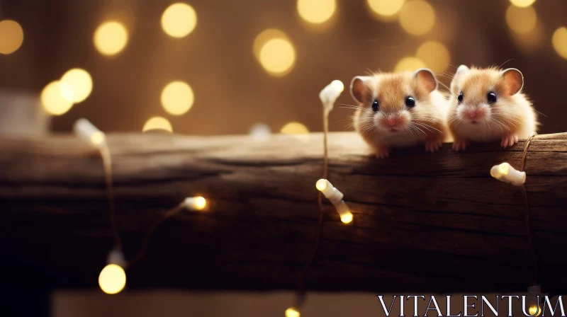 AI ART Curious Hamsters on Wooden Branch - Cozy Animal Scene