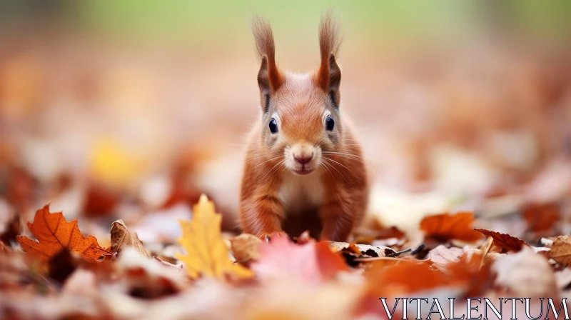 AI ART Curious Red Squirrel on Autumn Leaves