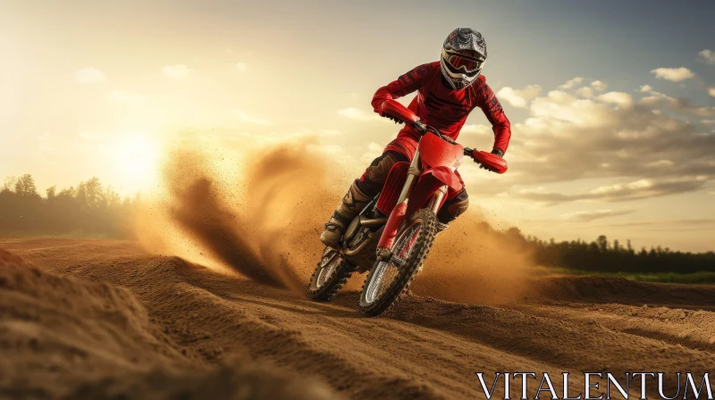 Extreme Dirt Bike Racing: Thrilling Jump in Forest Setting AI Image