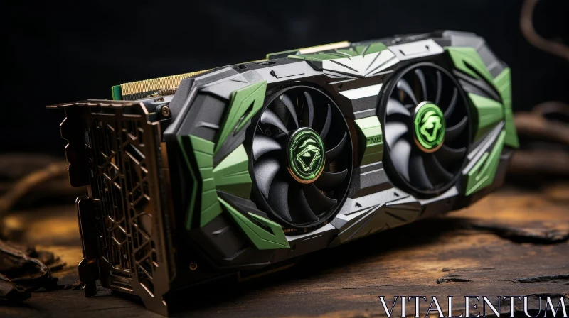 AI ART Modern Graphics Card with Green Fans on Wooden Table