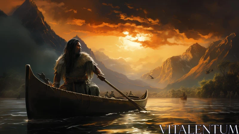AI ART Native American Man Canoeing in River at Sunset