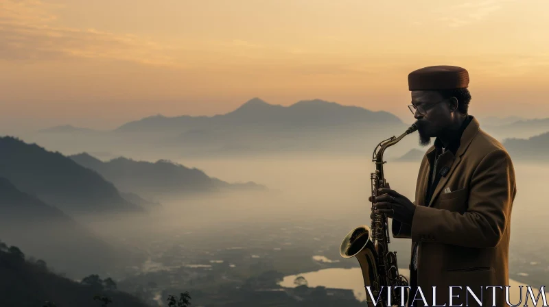 Saxophone Player in Mountain Sunset AI Image