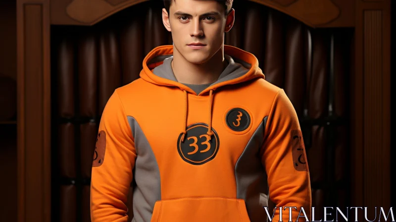 Stylish Male Model in Orange and Gray Hoodie AI Image