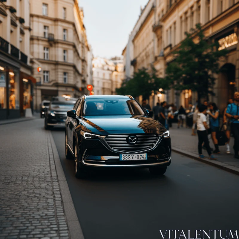 Black Mazda CX9 Driving on City Street at Dusk - A Captivating Image of Viennese Actionism AI Image