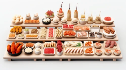 Delicious Japanese Food Displayed on Wooden Shelves