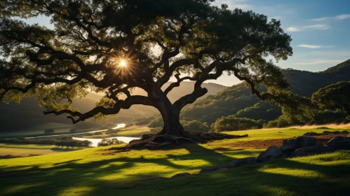 Majestic Oak Tree in Green Field with Sunlight and River