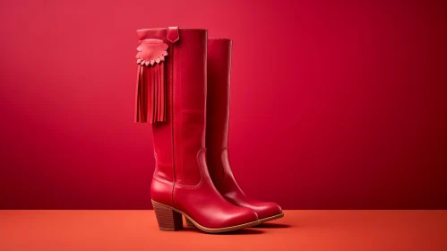 Red Leather Boots with Tassels - Fashion Statement on Gradient Background