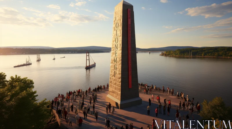 Tall Obelisk Monument Overlooking River with People and Boats AI Image