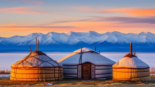 Traditional Mongolian Yurts by the Lake at Sunset