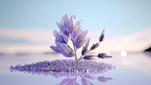 3D Purple Flower with Glossy Leaves and Crystals