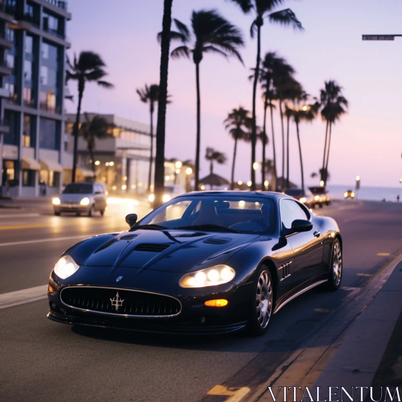 Black Sports Car Driving Down City Street by Palm Trees - Luxurious Portraits AI Image