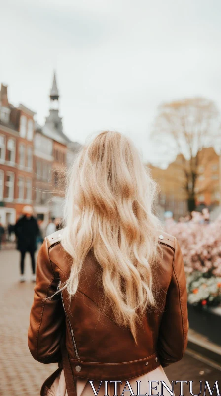 Blond Woman Walking in European City Street AI Image