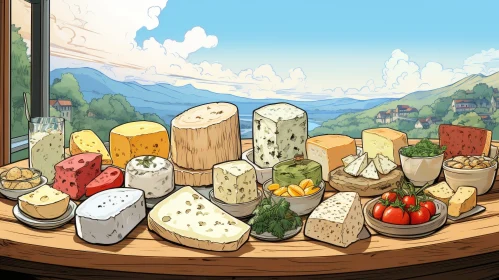Cheese Variety on Wooden Table with Mountainous Landscape